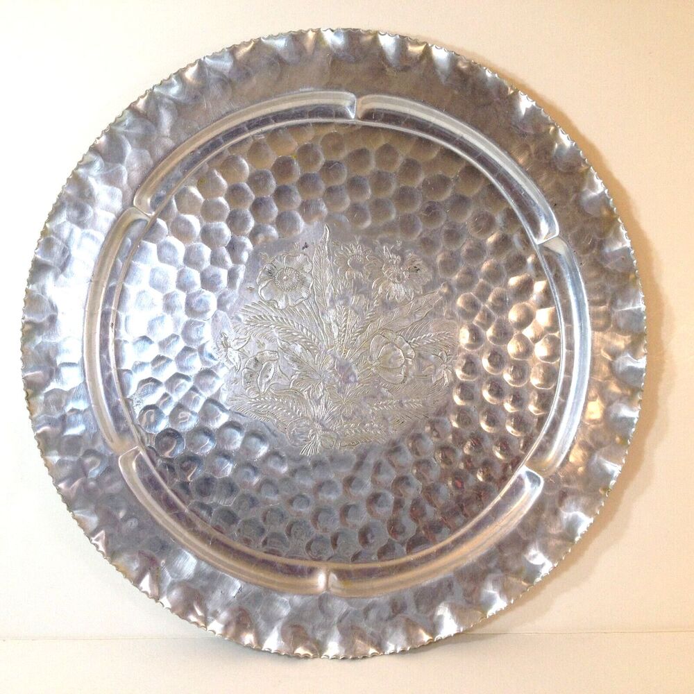 Vintage Royal 16" Hand Wrought Aluminum Tray Floral Design